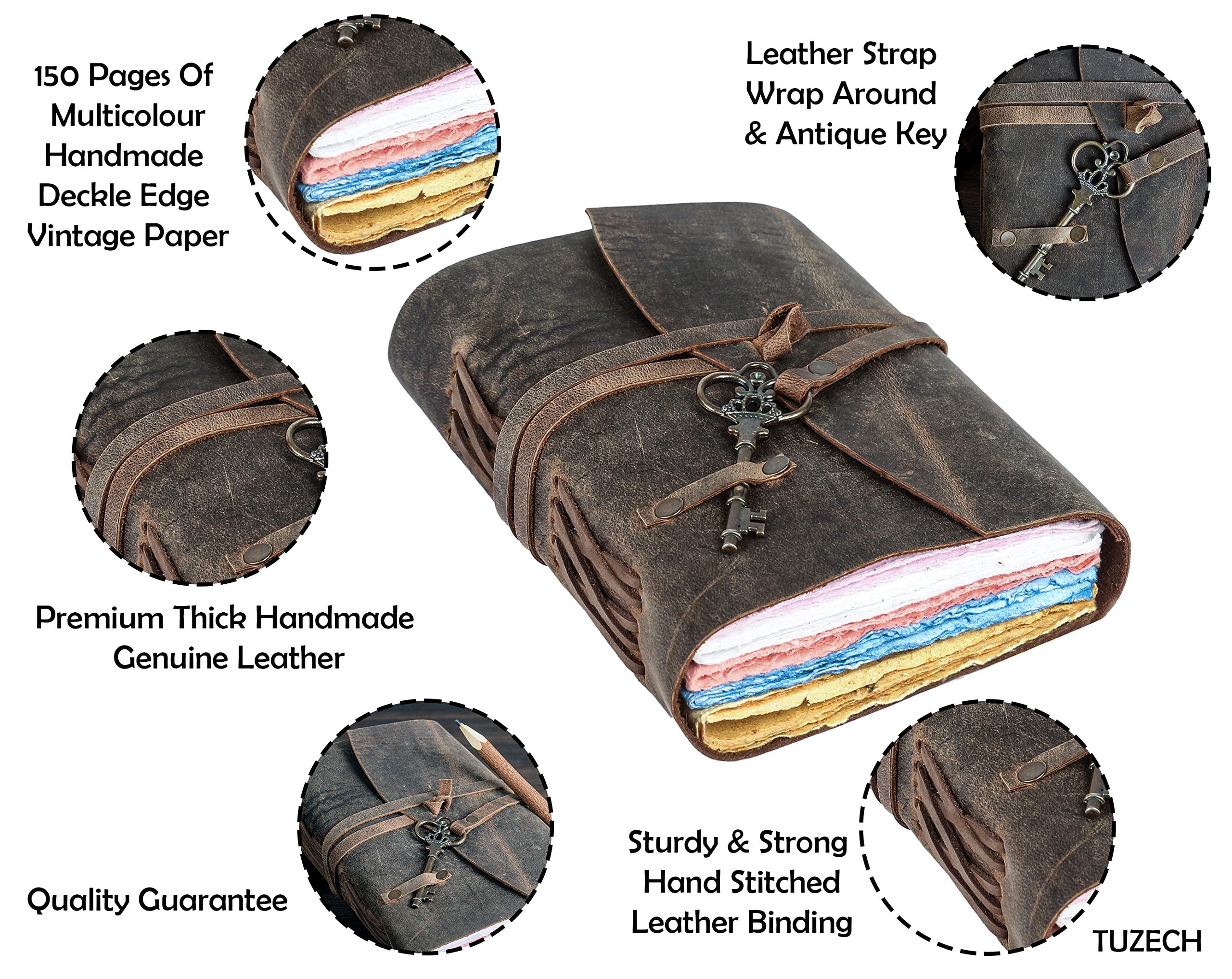 Tuzech Leather Journal for Women Men Gift With Deckle Edge Paper , Leather Scrapbook, Book of Shadows, Vintage Journal, Old Books, Grimoire, Antique Drawing Sketchbook Colourful Paper 7 by 5 Inches-Tuzech store