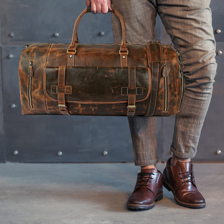 Tuzech Vintage Leather men's Travel Duffle luggage bag with Shoe Pouch ,Professional Bag Gym Sports Soft Shell Overnight Weekend Brown Color (22 Inches)-Tuzech store