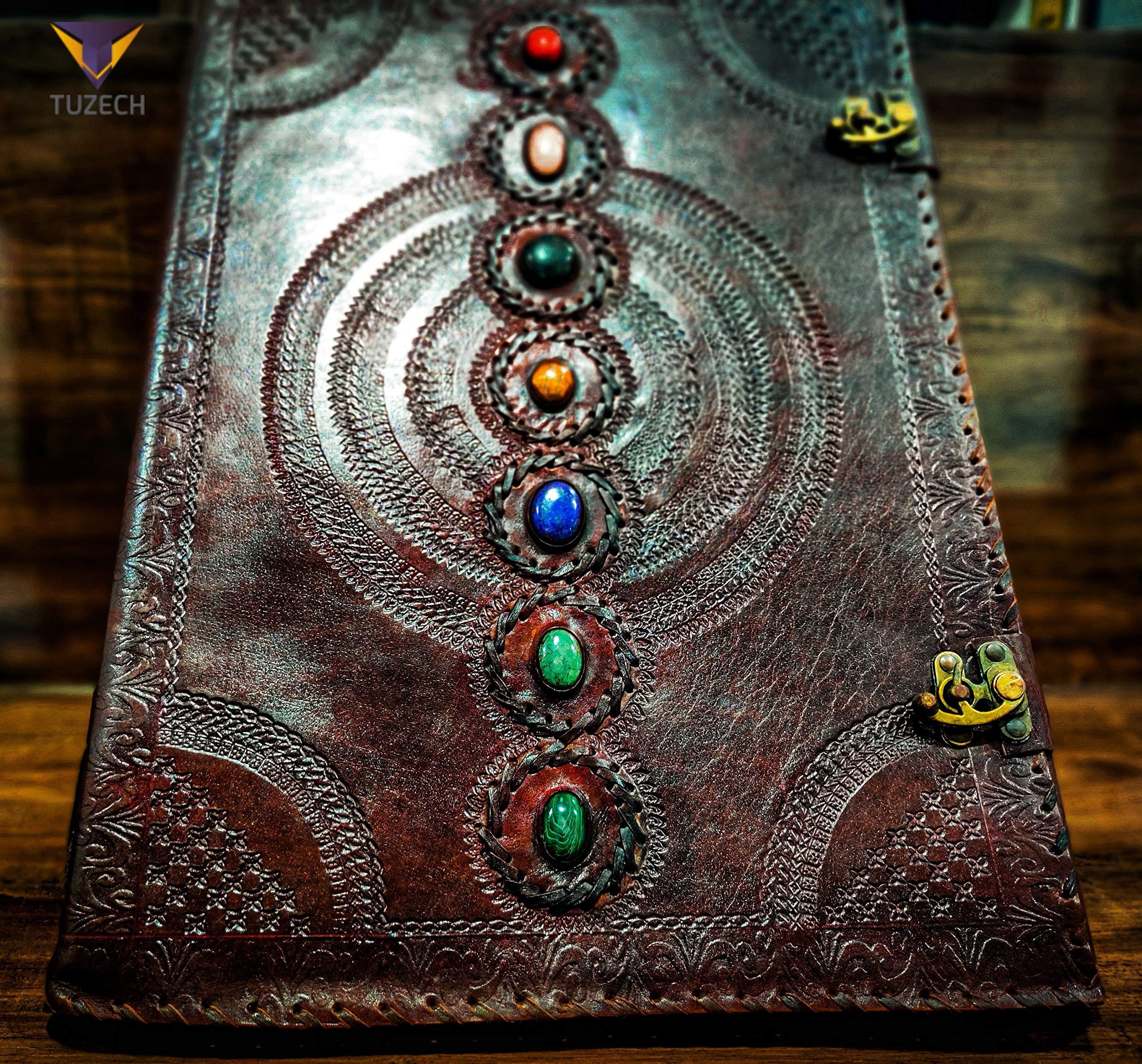 Seven Chakra Medieval Stone Embossed Handmade Leather Journal Book of Shadows Notebook Office Diary College Book Poetry Book Sketch Book - 1.8 FEET - Giant Leather Diary (22 Inches)-Tuzech store