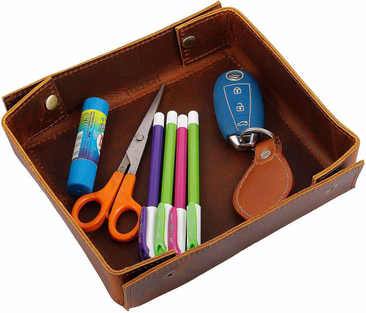 Leather Catchall Change Keys Coins Jewels Tray Organizer Box for Nightstand Big Storage Handmade Antique Brass Studs Decoration for Coin, Key, Phone (Bourbon Brown)-Tuzech store