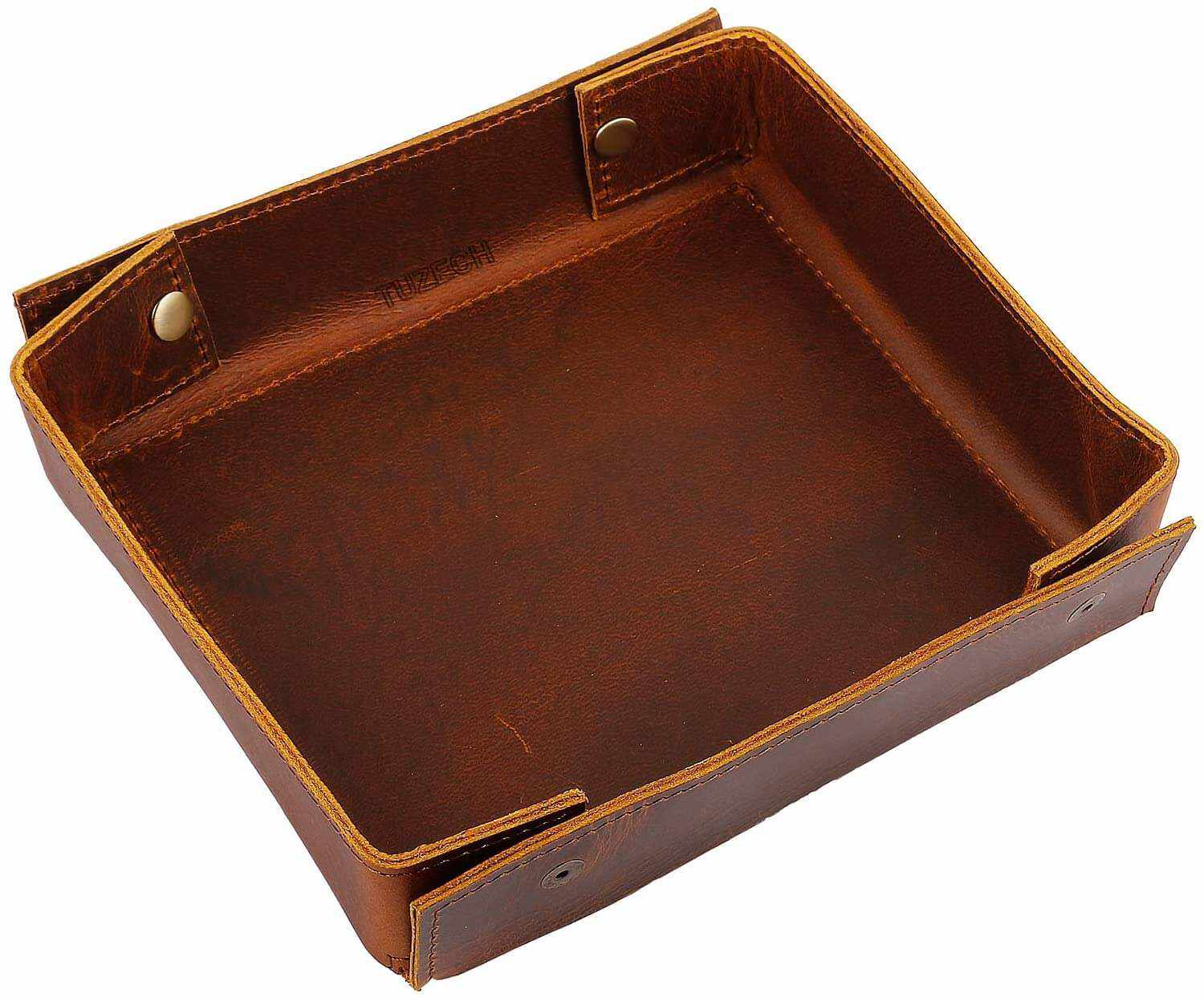 Leather Catchall Change Keys Coins Jewels Tray Organizer Box for Nightstand Big Storage Handmade Antique Brass Studs Decoration for Coin, Key, Phone (Bourbon Brown)-Tuzech store