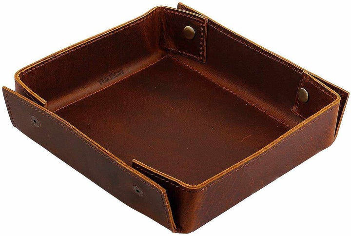 Leather Catchall Change Keys Coins Jewels Tray Organizer Box for Nightstand Big Storage Handmade Antique Brass Studs Decoration for Coin, Key, Phone (Bourbon Brown)-Tuzech store