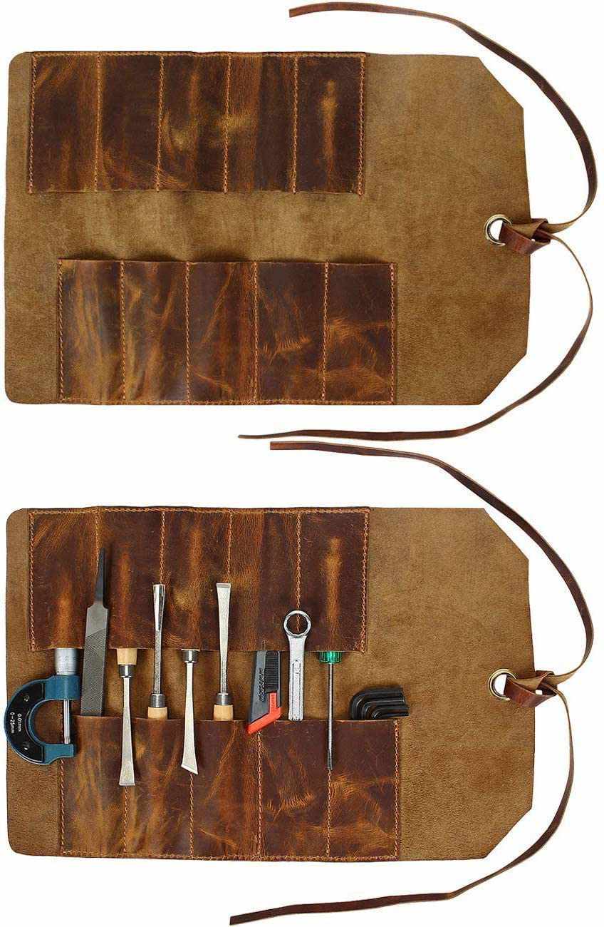 Leather Tool Roll Up Tool Kit Pouch - Leather Tools/Cutlery / Stationery/Pen/Pencil Pouch Wrench Roll/Chisel Bag (Brown) For School / College/Office/Work/Artist-Tuzech store