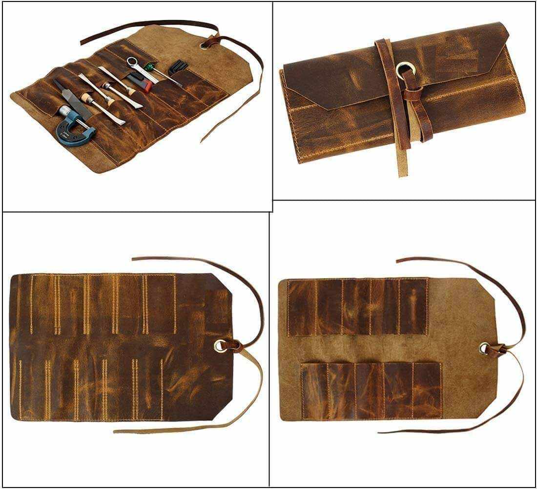 Leather Tool Roll Up Tool Kit Pouch - Leather Tools/Cutlery / Stationery/Pen/Pencil Pouch Wrench Roll/Chisel Bag (Brown) For School / College/Office/Work/Artist-Tuzech store