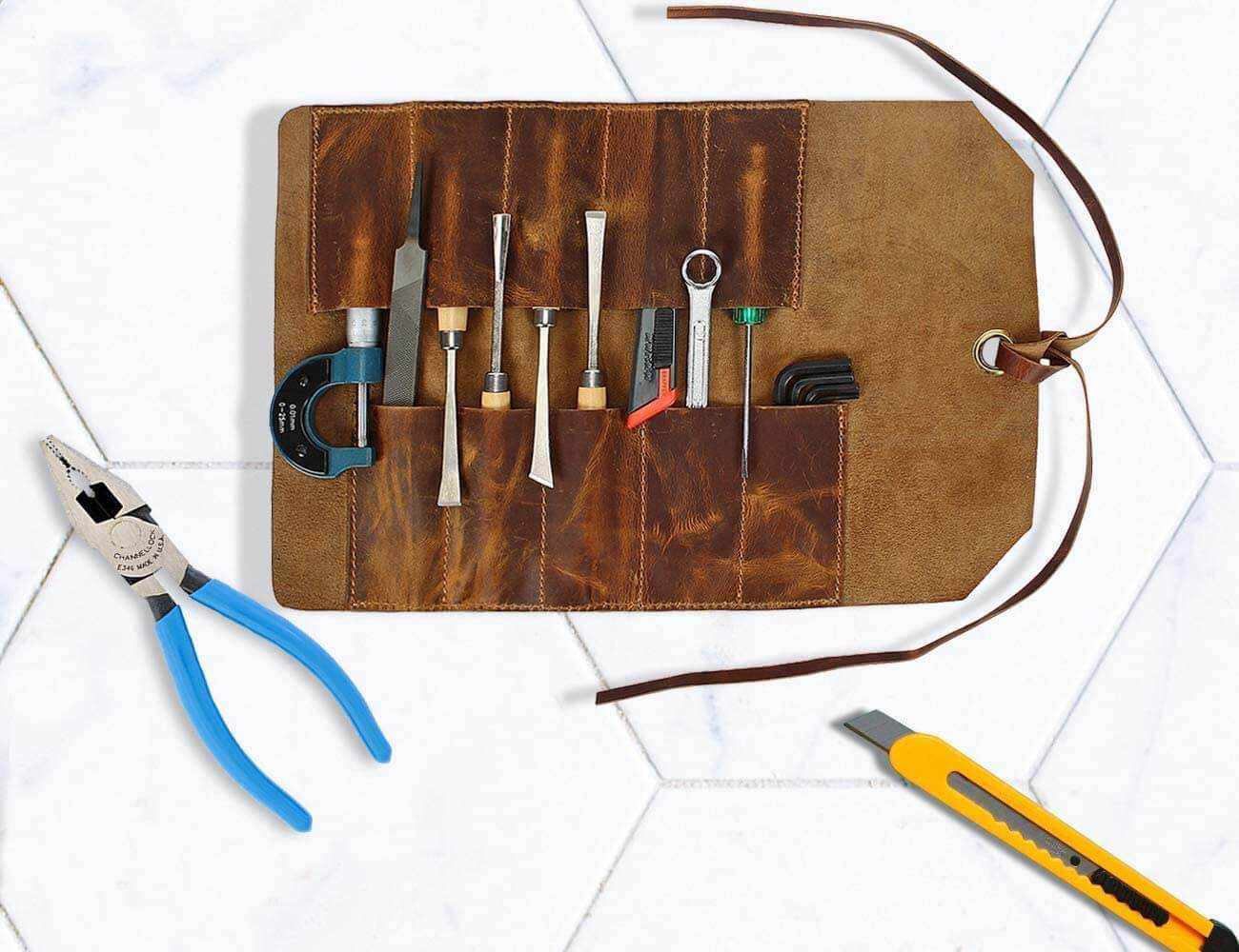 Leather Tool Roll Up Tool Kit Pouch - Leather Tools/Cutlery / Stationery/Pen/Pencil Pouch Wrench Roll/Chisel Bag (Brown) For School / College/Office/Work/Artist-Tuzech store