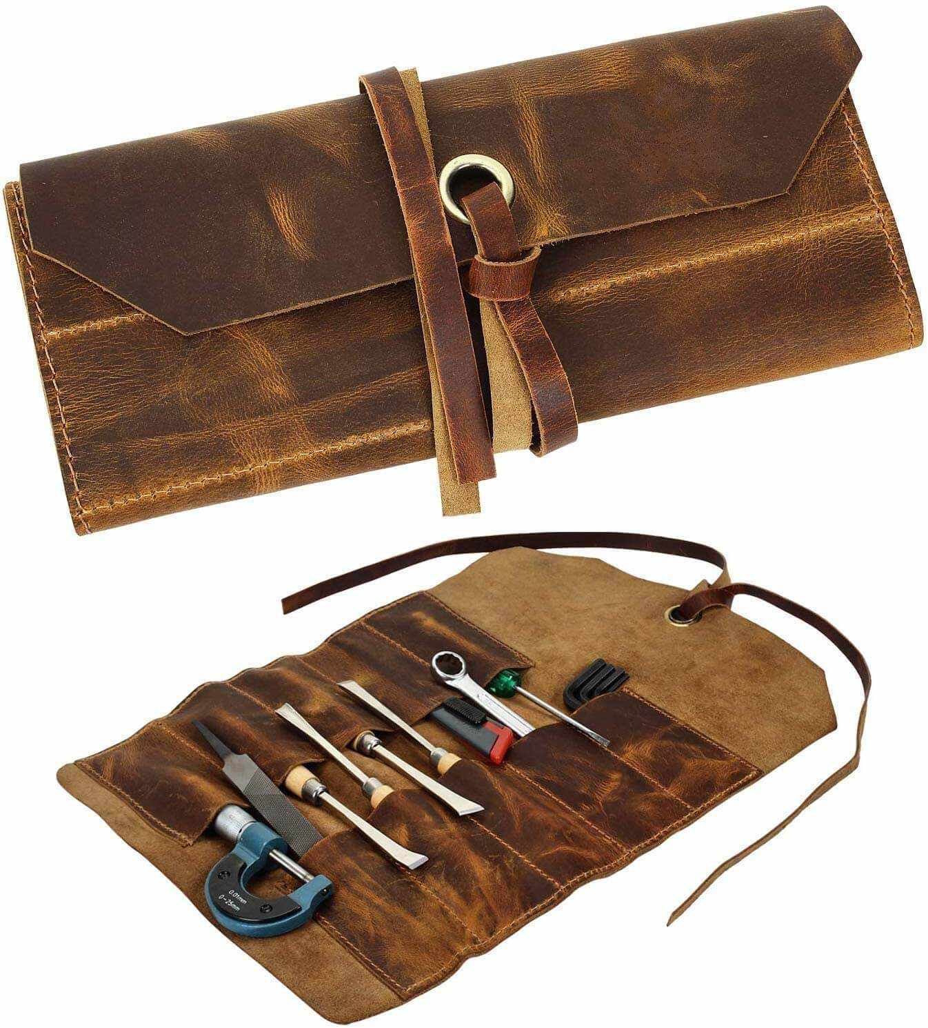 Leather Tool Roll Up Tool Kit Pouch - Leather Tools/Cutlery / Stationery/Pen/Pencil Pouch Wrench Roll/Chisel Bag (Brown) For School / College/Office/Work/Artist-Tuzech store
