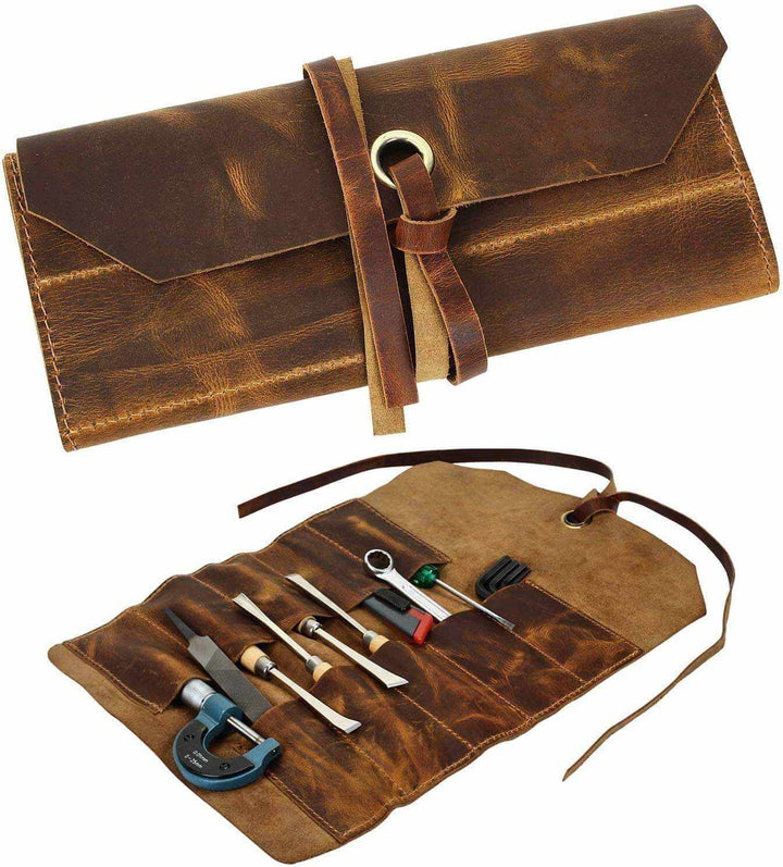 Leather Tool Roll Up Tool Kit Pouch - Leather Tools/Cutlery / Stationery/Pen/Pencil Pouch Wrench Roll/Chisel Bag (Brown) For School / College/Office/Work/Artist-Tuzech store