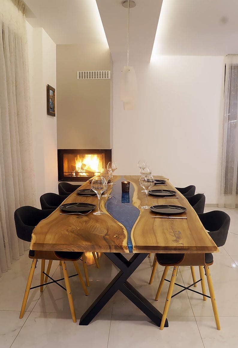 TUZECH Dining Blue River Table Made in a Modern Rustic Finish with Black Steel Legs and Blue epoxy Resin River/Live Edge Dine Table-Tuzech store