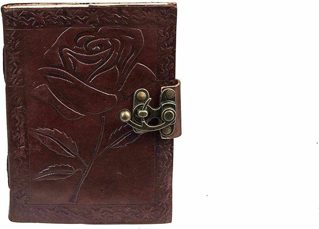 TUZECH Genuine House Leather Journal Notebook Vintage Style Diary with Engraved Rose Brown (7 Inches)-Tuzech store