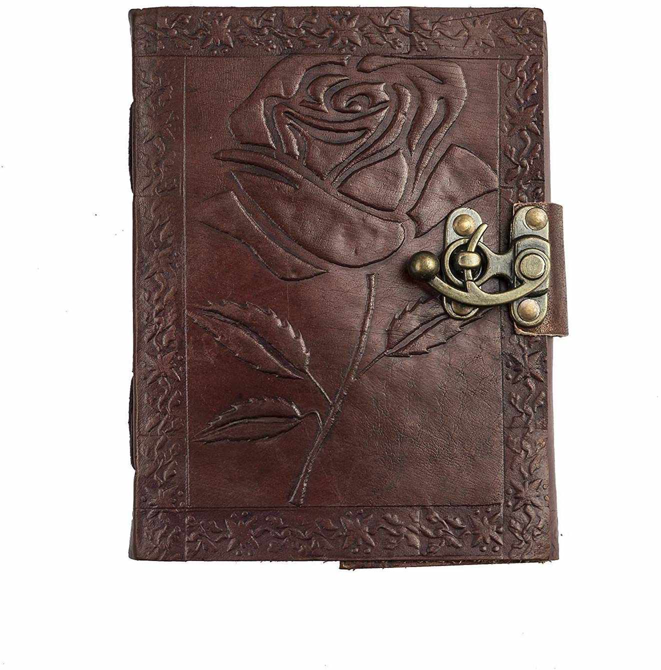TUZECH Genuine House Leather Journal Notebook Vintage Style Diary with Engraved Rose Brown (7 Inches)-Tuzech store