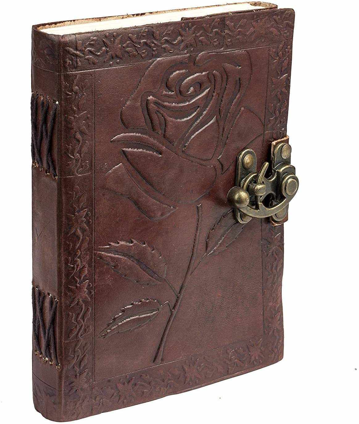 TUZECH Genuine House Leather Journal Notebook Vintage Style Diary with Engraved Rose Brown (7 Inches)-Tuzech store