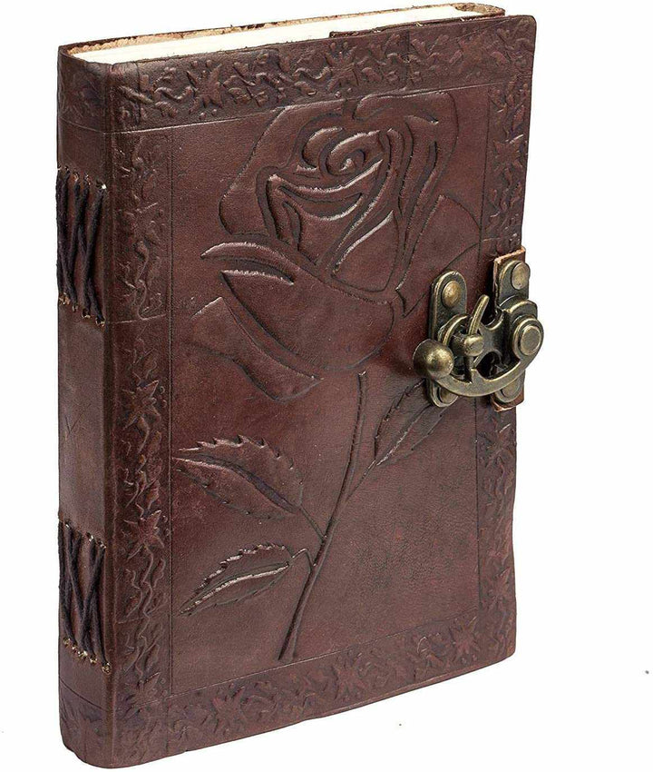 TUZECH Genuine House Leather Journal Notebook Vintage Style Diary with Engraved Rose Brown (7 Inches)-Tuzech store