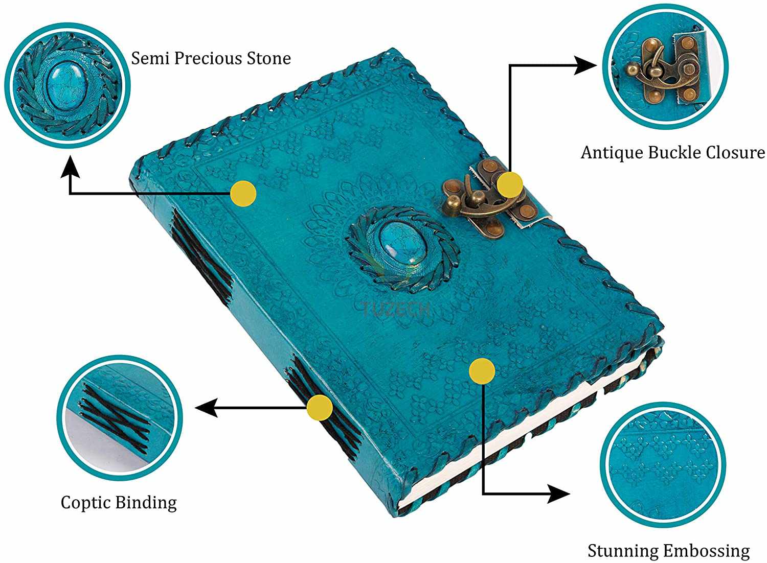 TUZECH Handmade Office Home Daily Use, Poem Writing Beautiful Pure Leather Luck Stone Bound Journal/Diary with C-Lock for Men and Women 8 Inches-Tuzech store