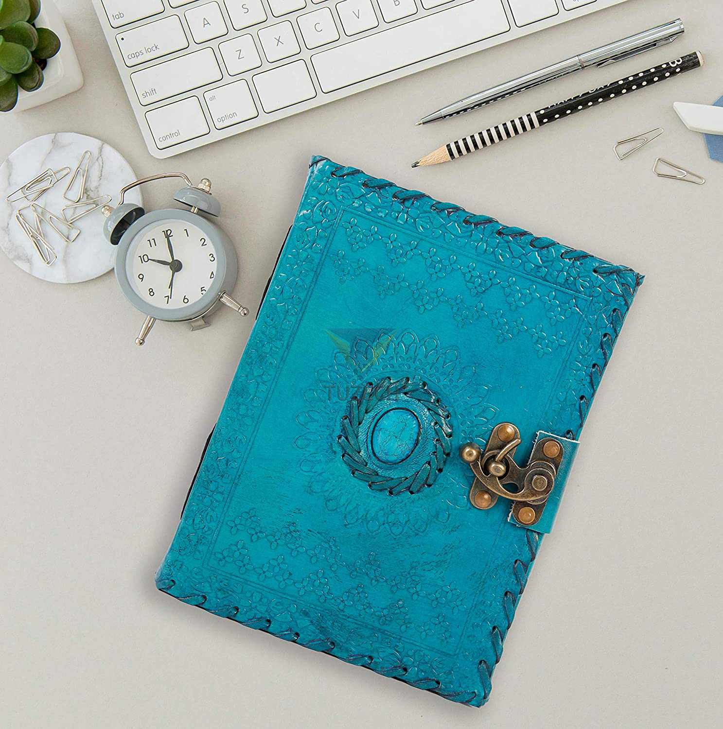 TUZECH Handmade Office Home Daily Use, Poem Writing Beautiful Pure Leather Luck Stone Bound Journal/Diary with C-Lock for Men and Women 8 Inches-Tuzech store