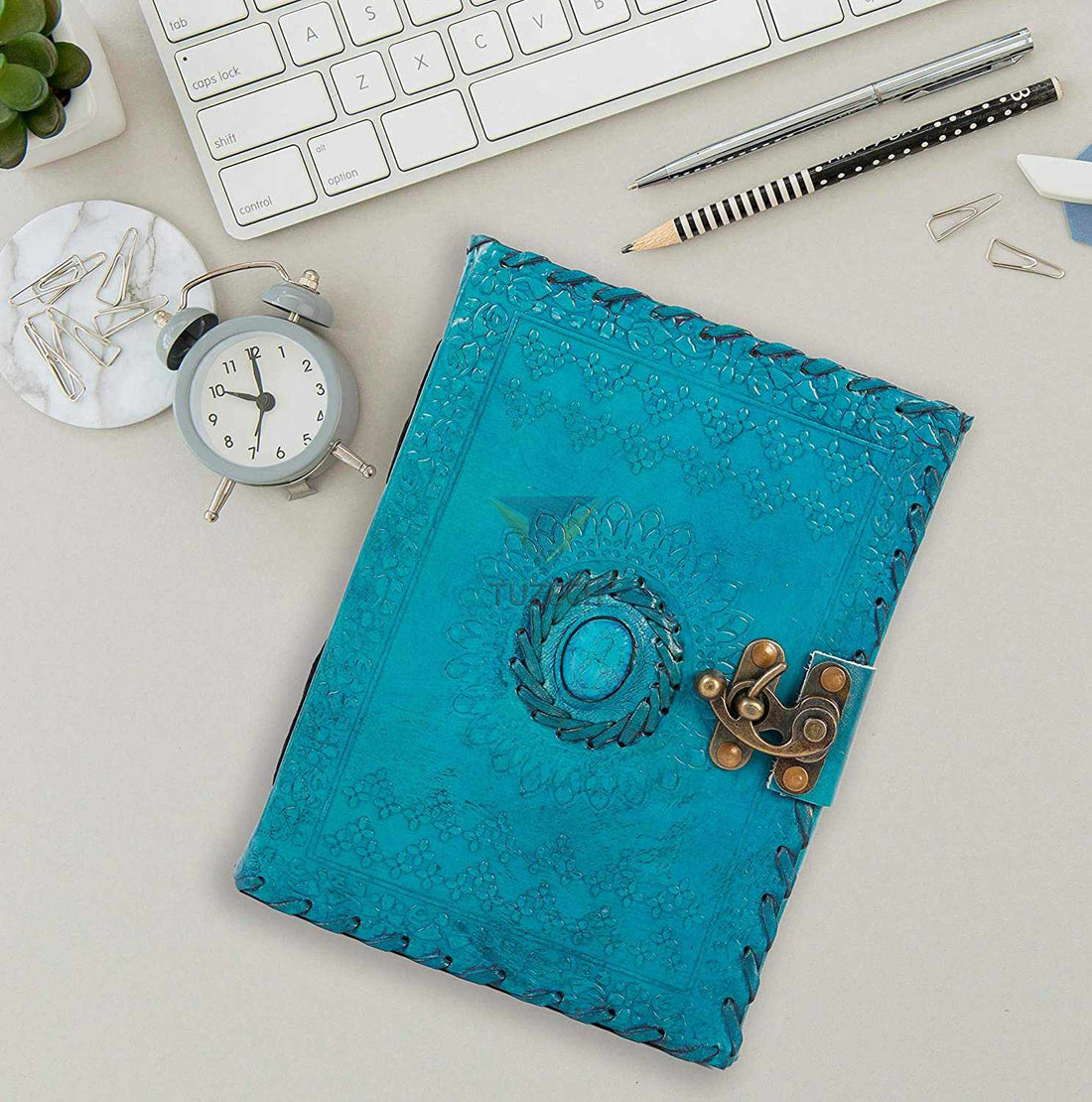 TUZECH Handmade Office Home Daily Use, Poem Writing Beautiful Pure Leather Luck Stone Bound Journal/Diary with C-Lock for Men and Women 8 Inches-Tuzech store