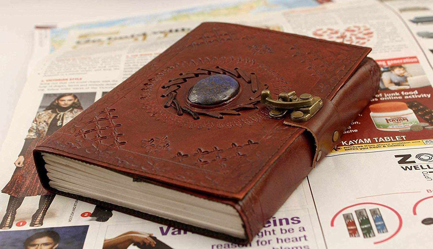 TUZECH Handmade Office Home Daily Use, Poem Writing Beautiful Pure Leather Luck Stone Bound Journal/Diary with C-Lock for Men and Women 8 Inches-Tuzech store