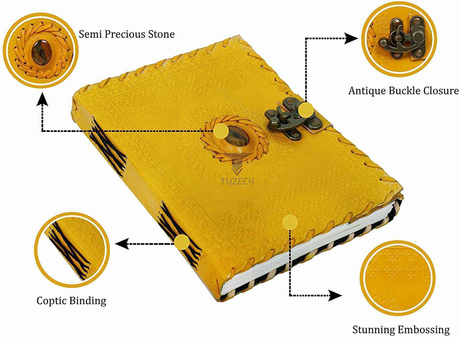 TUZECH Handmade Office Home Daily Use, Poem Writing Beautiful Pure Leather Luck Stone Bound Journal/Diary with C-Lock for Men and Women 8 Inches-Tuzech store