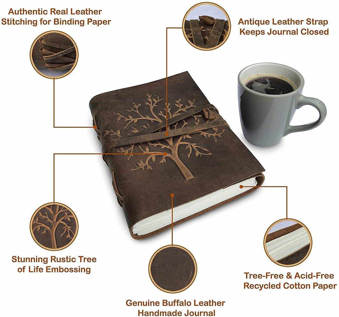 TUZECH Leather Journal Tree of Life - Writing Notebook Handmade Leather Bound Daily Notepads for Men & Women Blank Paper Large - Gift for Art Sketchbook, Travel Diary (7 x 5 Inches)-Tuzech store