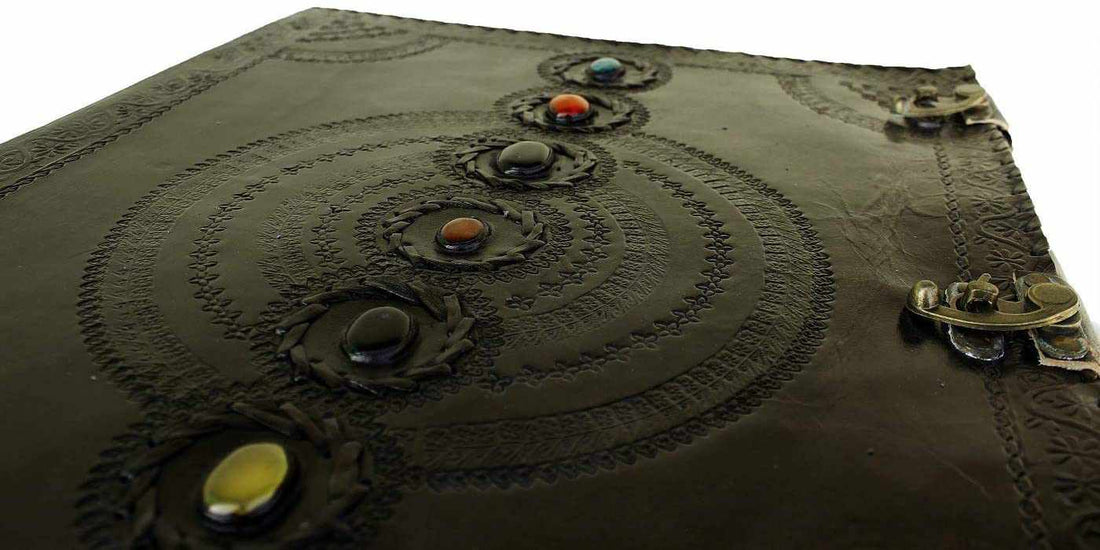 TUZECH Seven Chakra Medieval Stone Embossed Handmade Jumbo Leather Journal Book of Shadows Notebook Office Diary College Poetry Sketch 13 Inches-Tuzech store