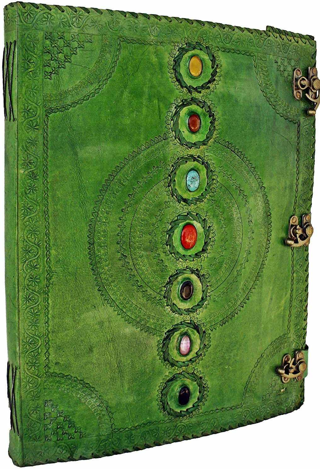 TUZECH Seven Chakra Medieval Stone Embossed Handmade Jumbo Leather Journal Book of Shadows Notebook Office Diary College Poetry Sketch 13 Inches-Tuzech store