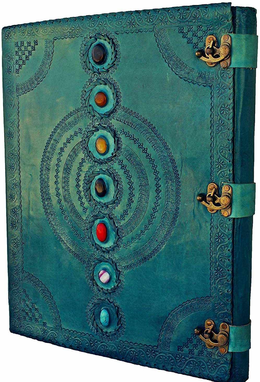TUZECH Seven Chakra Medieval Stone Embossed Handmade Jumbo Leather Journal Book of Shadows Notebook Office Diary College Poetry Sketch 13 Inches-Tuzech store
