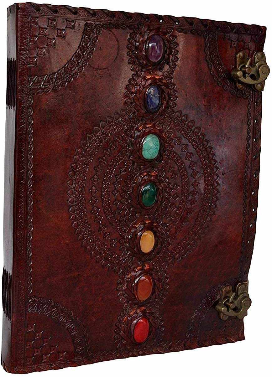 TUZECH Seven Chakra Medieval Stone Embossed Handmade Jumbo Leather Journal Book of Shadows Notebook Office Diary College Poetry Sketch 13 Inches-Tuzech store