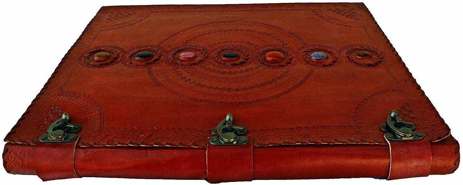 TUZECH Seven Chakra Medieval Stone Embossed Handmade Jumbo Leather Journal Book of Shadows Notebook Office Diary College Poetry Sketch 13 Inches-Tuzech store