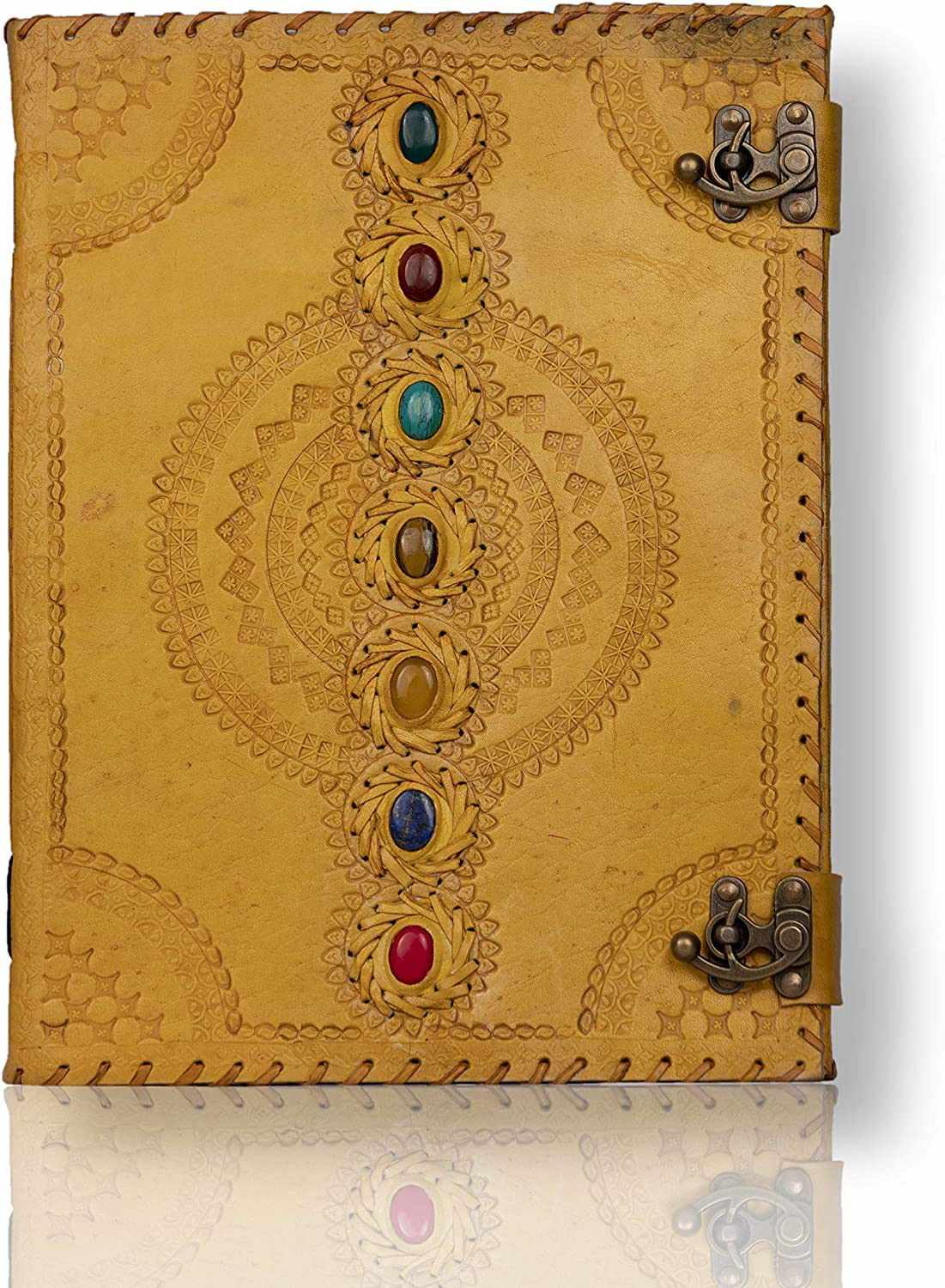TUZECH Seven Chakra Medieval Stone Embossed Handmade Jumbo Leather Journal Book of Shadows Notebook Office Diary College Poetry Sketch 13 Inches-Tuzech store