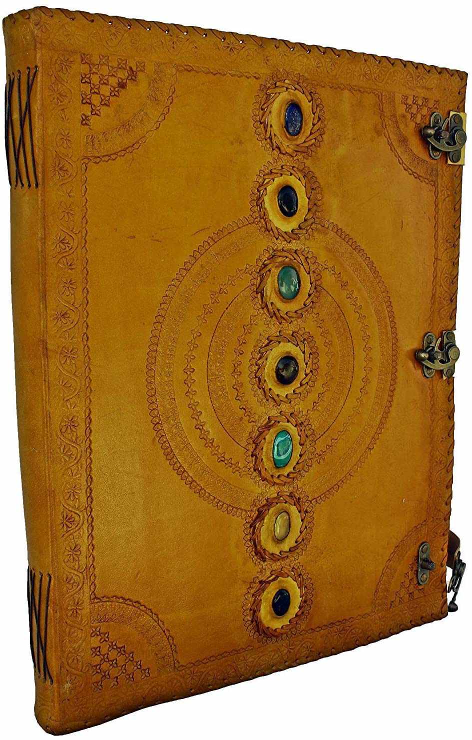 TUZECH Seven Chakra Medieval Stone Embossed Handmade Jumbo Leather Journal Book of Shadows Notebook Office Diary College Poetry Sketch 13 Inches-Tuzech store