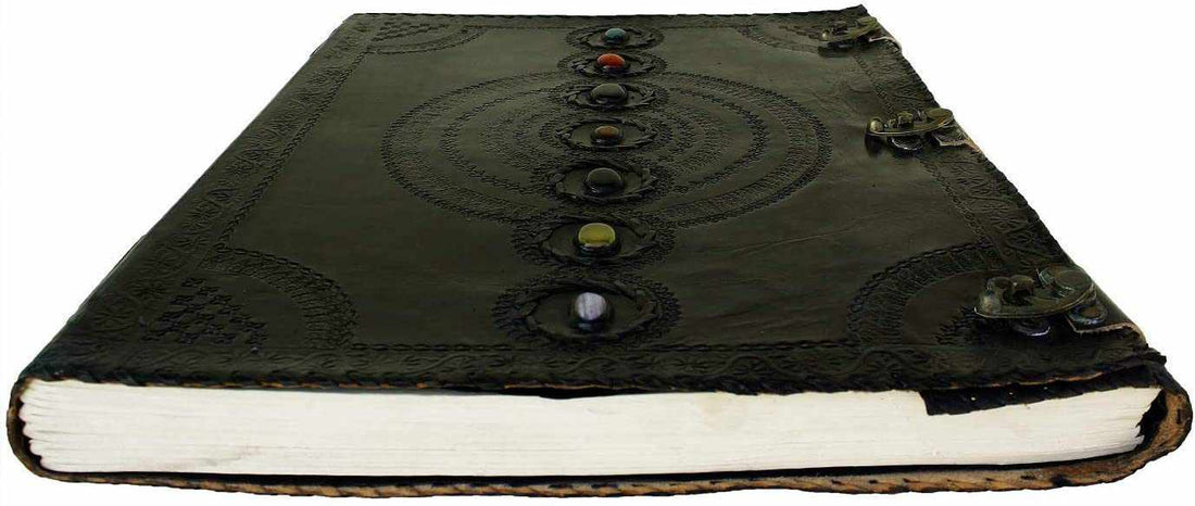 TUZECH Seven Chakra Medieval Stone Embossed Handmade Jumbo Leather Journal Book of Shadows Notebook Office Diary College Poetry Sketch 13 Inches-Tuzech store