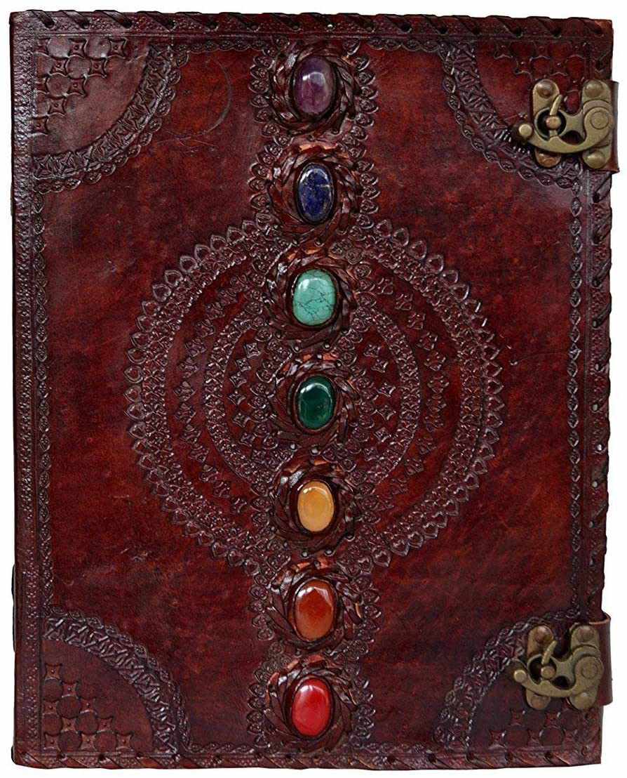 TUZECH Seven Chakra Medieval Stone Embossed Handmade Jumbo Leather Journal Book of Shadows Notebook Office Diary College Poetry Sketch 13 Inches-Tuzech store