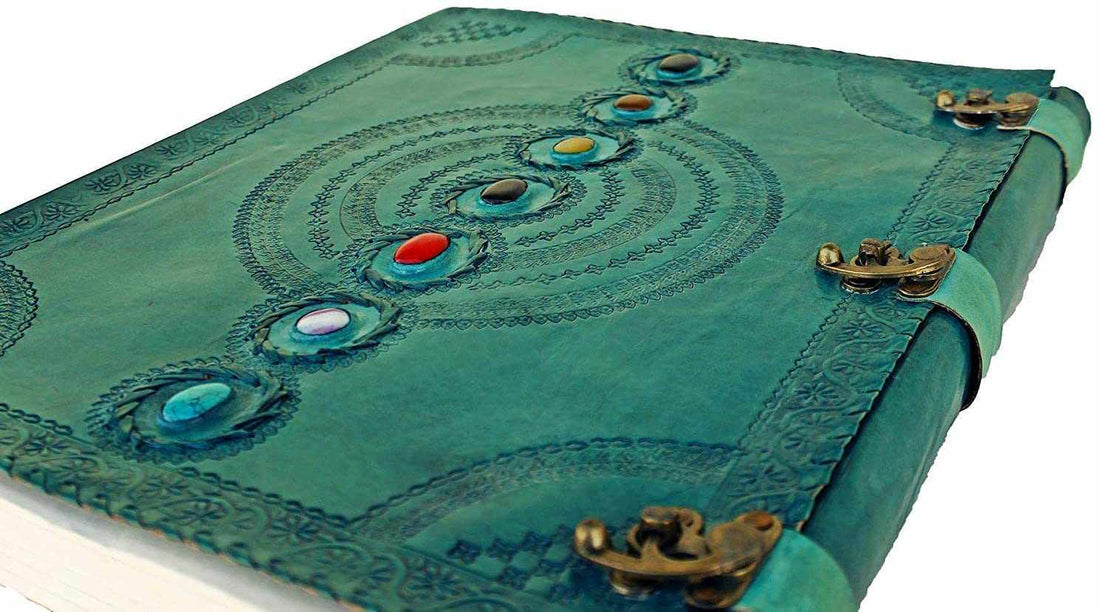 TUZECH Seven Chakra Medieval Stone Embossed Handmade Jumbo Leather Journal Book of Shadows Notebook Office Diary College Poetry Sketch 22 Inches-Tuzech store
