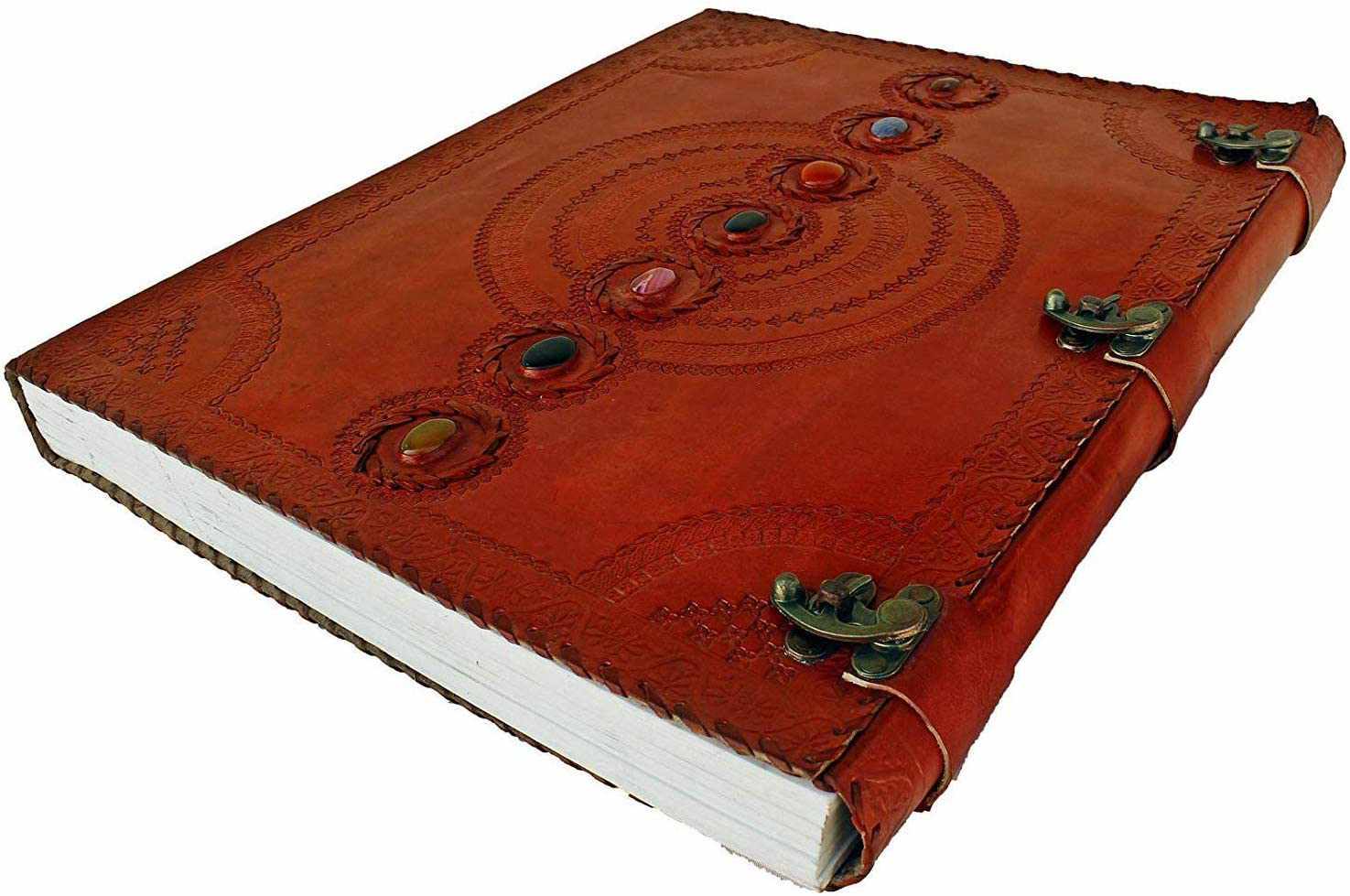 TUZECH Seven Chakra Medieval Stone Embossed Handmade Jumbo Leather Journal Book of Shadows Notebook Office Diary College Poetry Sketch 22 Inches-Tuzech store