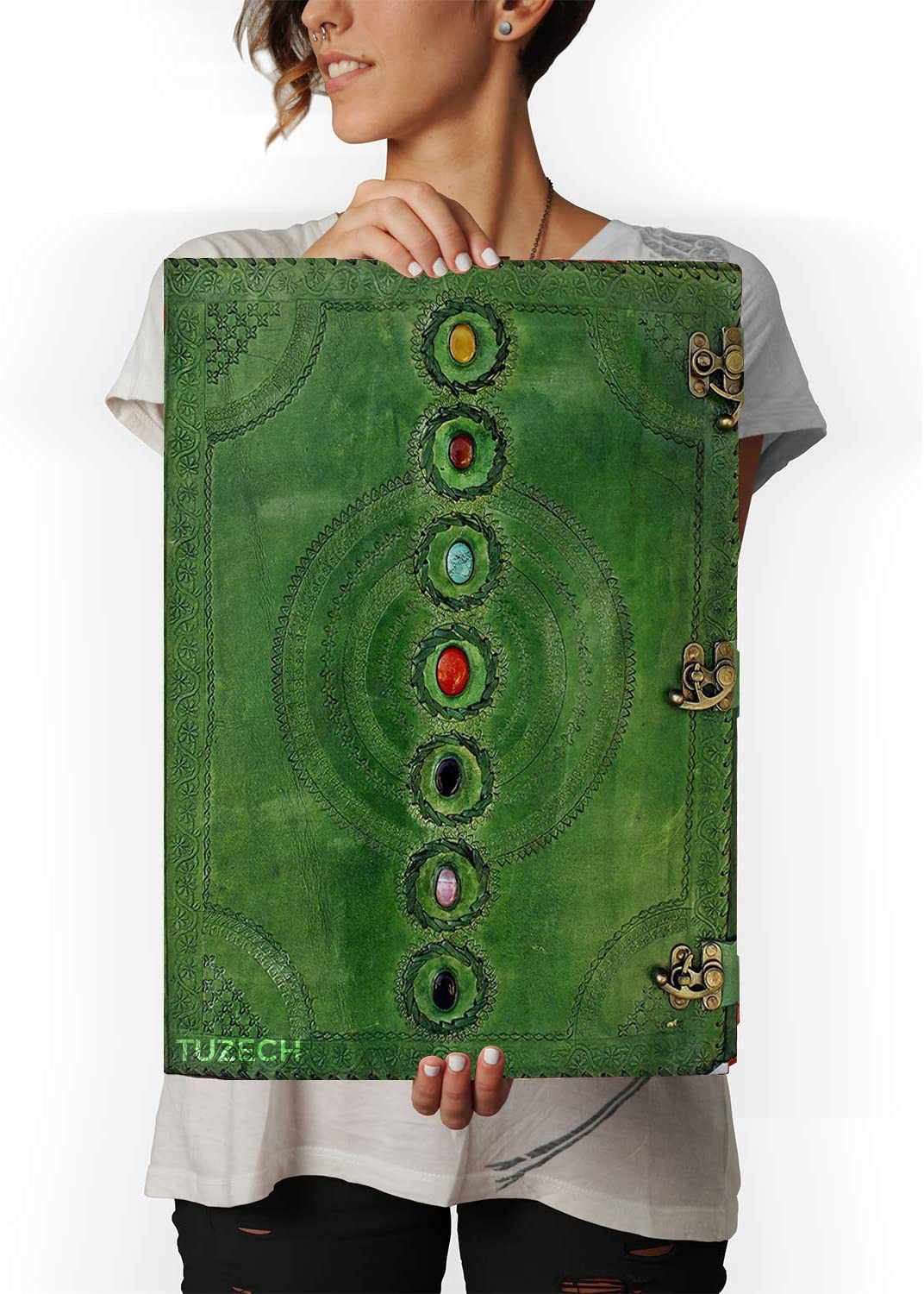 TUZECH Seven Chakra Medieval Stone Embossed Handmade Jumbo Leather Journal Book of Shadows Notebook Office Diary College Poetry Sketch 22 Inches-Tuzech store