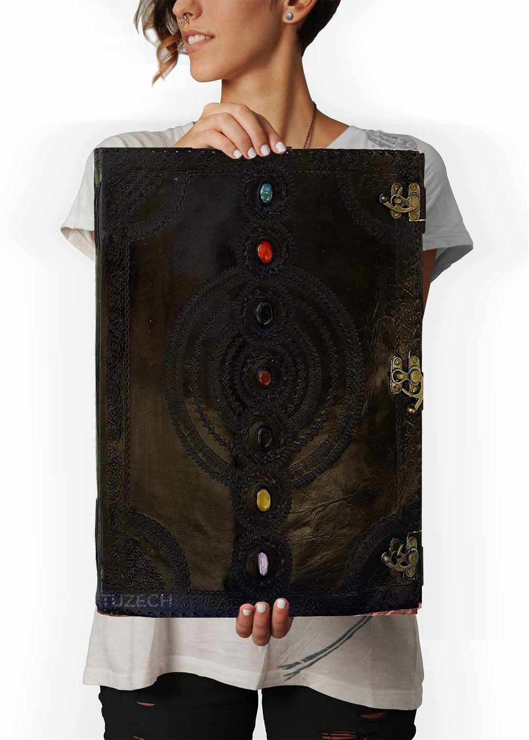 TUZECH Seven Chakra Medieval Stone Embossed Handmade Jumbo Leather Journal Book of Shadows Notebook Office Diary College Poetry Sketch 22 Inches-Tuzech store
