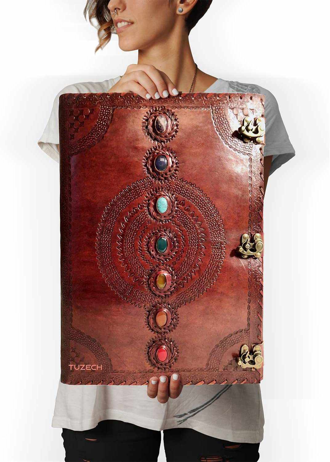 TUZECH Seven Chakra Medieval Stone Embossed Handmade Jumbo Leather Journal Book of Shadows Notebook Office Diary College Poetry Sketch 22 Inches-Tuzech store