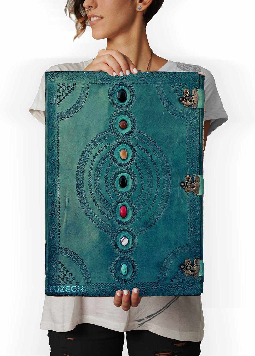 TUZECH Seven Chakra Medieval Stone Embossed Handmade Jumbo Leather Journal Book of Shadows Notebook Office Diary College Poetry Sketch 22 Inches-Tuzech store