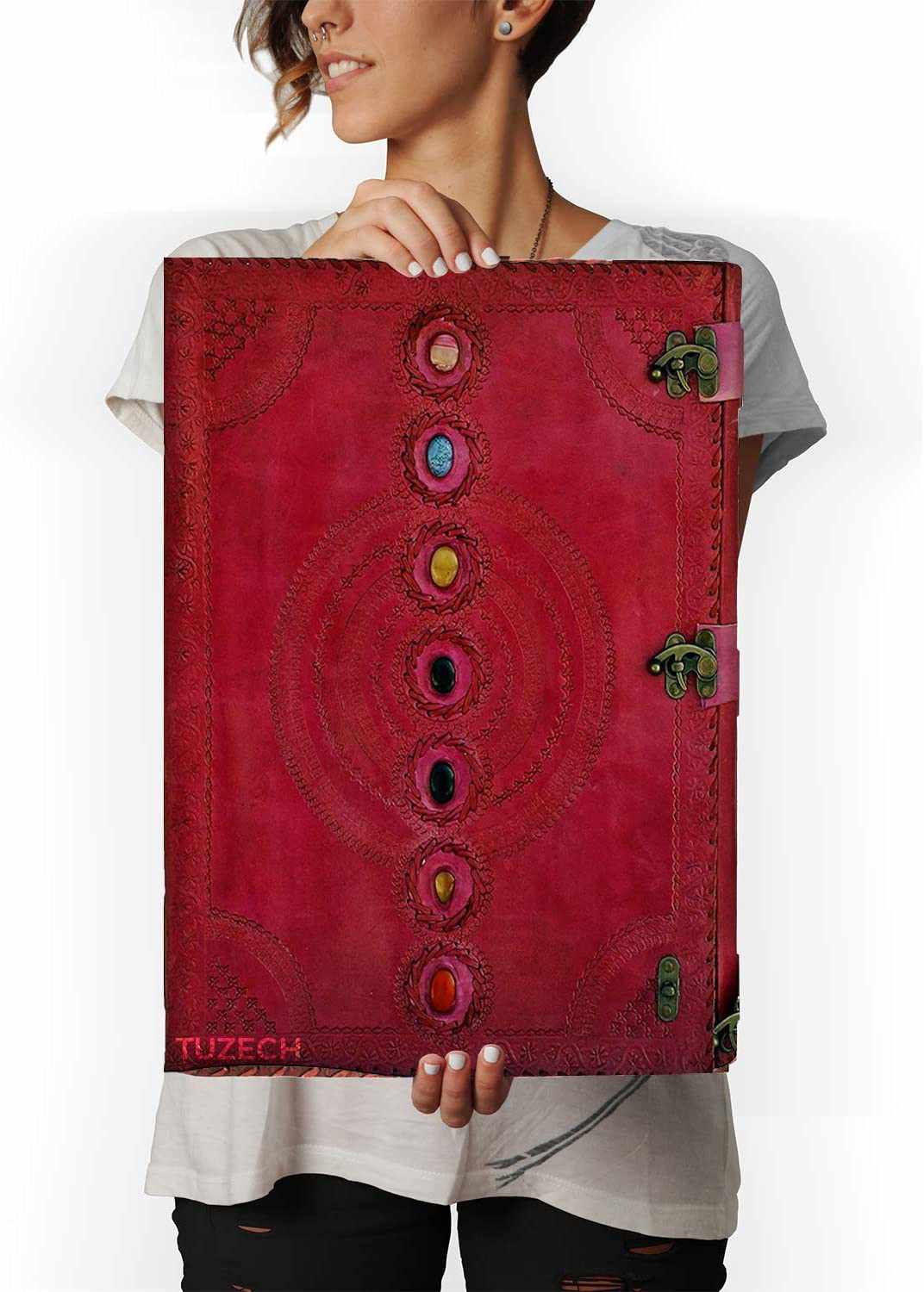 TUZECH Seven Chakra Medieval Stone Embossed Handmade Jumbo Leather Journal Book of Shadows Notebook Office Diary College Poetry Sketch 22 Inches-Tuzech store