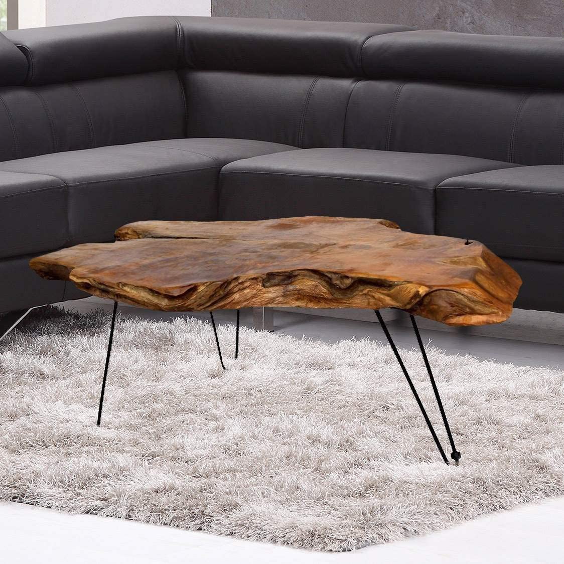 TUZECH StyleCraft Badang Natural Wood Carving Contemporary Teak Edge Cocktail Table with Clear Lacquer Finish and Metal Legs for Living Room (40x28x17 inches)-Tuzech store