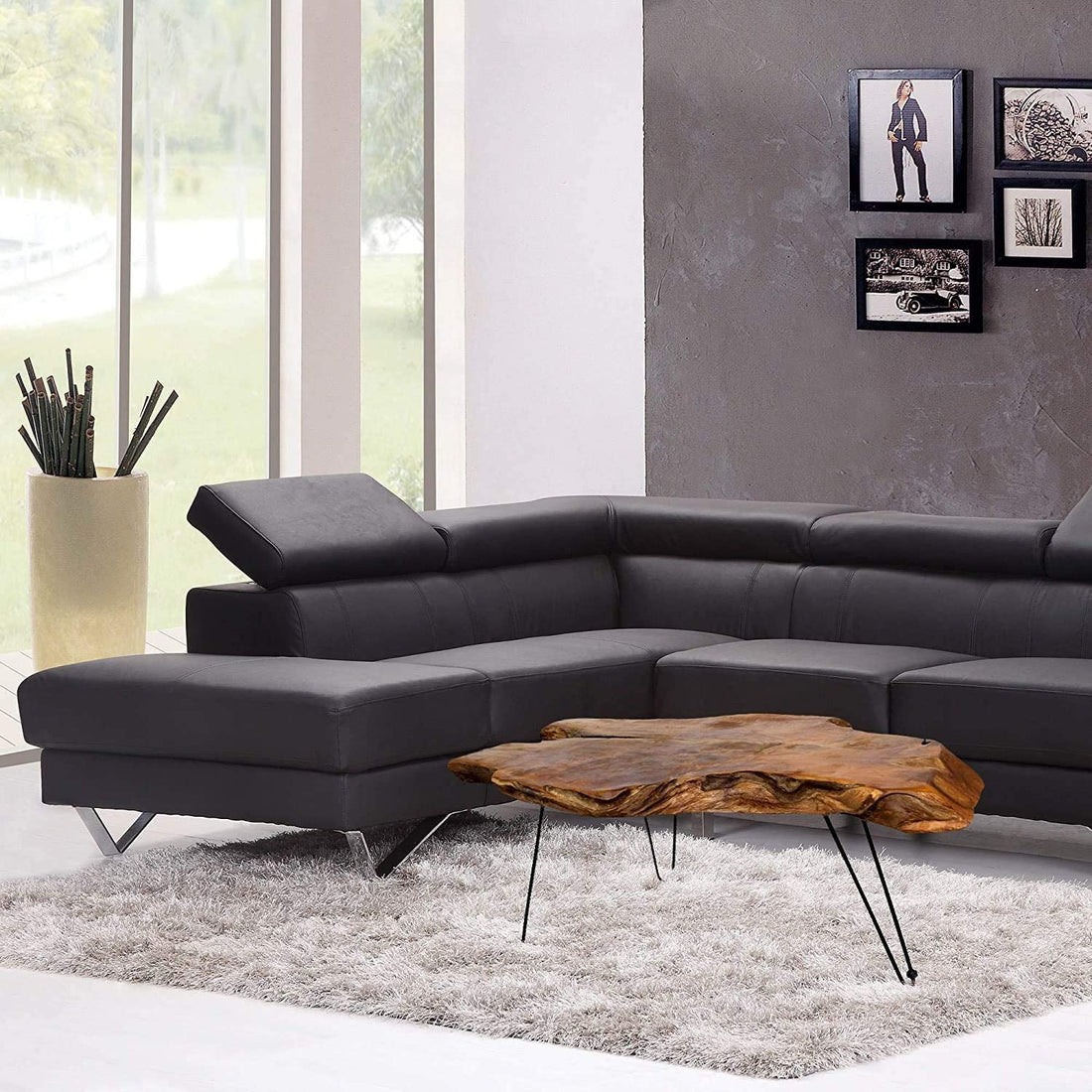 TUZECH StyleCraft Badang Natural Wood Carving Contemporary Teak Edge Cocktail Table with Clear Lacquer Finish and Metal Legs for Living Room (40x28x17 inches)-Tuzech store