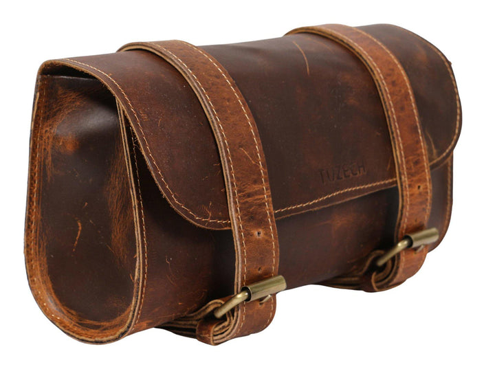 TUZECH Thick Leather Motorcycle Handlebar Bag, 2 Straps, Tool Organizer, Motorbike Storage Pouch, Premium Saddle Bag for Bike Commuters, Handmade (Brown Color)-Tuzech store