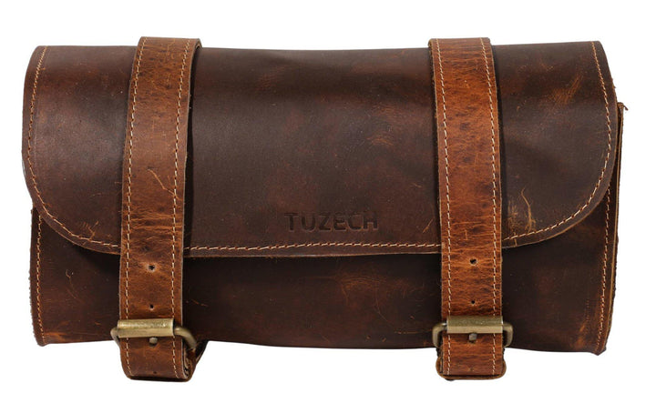 TUZECH Thick Leather Motorcycle Handlebar Bag, 2 Straps, Tool Organizer, Motorbike Storage Pouch, Premium Saddle Bag for Bike Commuters, Handmade (Brown Color)-Tuzech store