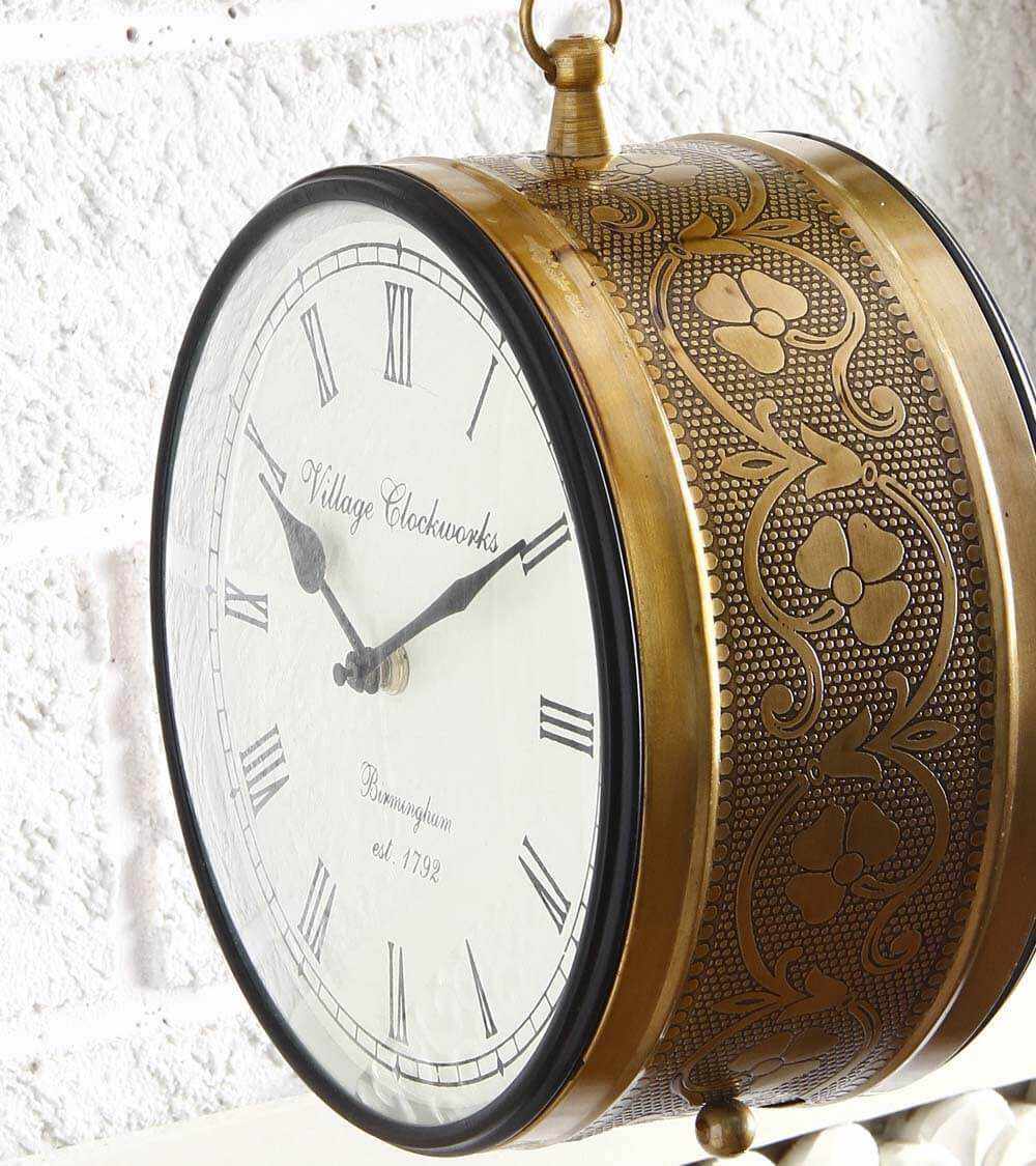 Tuzech Brass Finish Antique Style Round Hanging Wall Mount Home Décor Double Side Wall Clock Creative Classic Clocks-Tuzech store