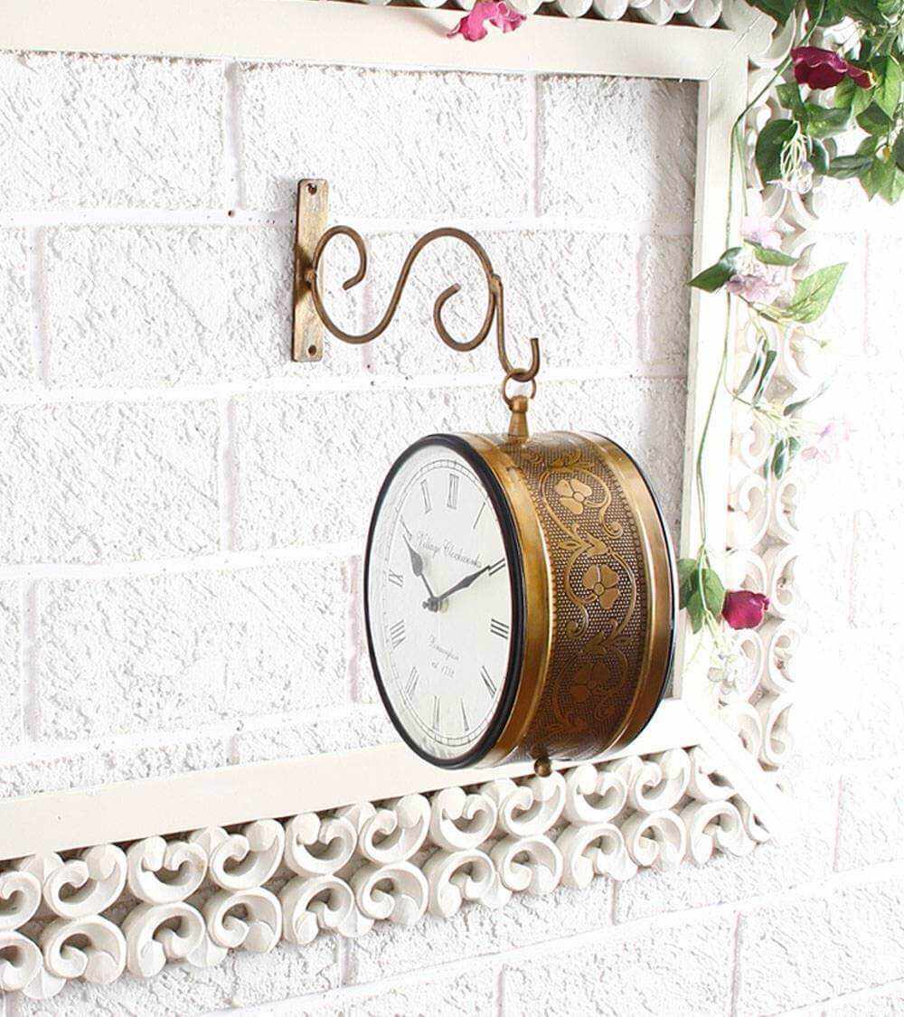 Tuzech Brass Finish Antique Style Round Hanging Wall Mount Home Décor Double Side Wall Clock Creative Classic Clocks-Tuzech store
