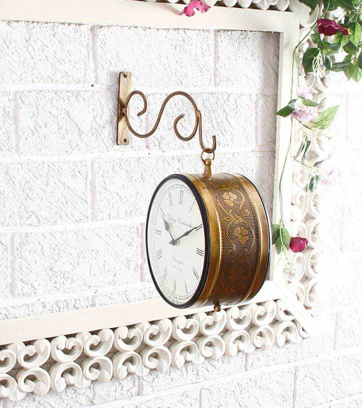 Tuzech Brass Finish Antique Style Round Hanging Wall Mount Home Décor Double Side Wall Clock Creative Classic Clocks-Tuzech store