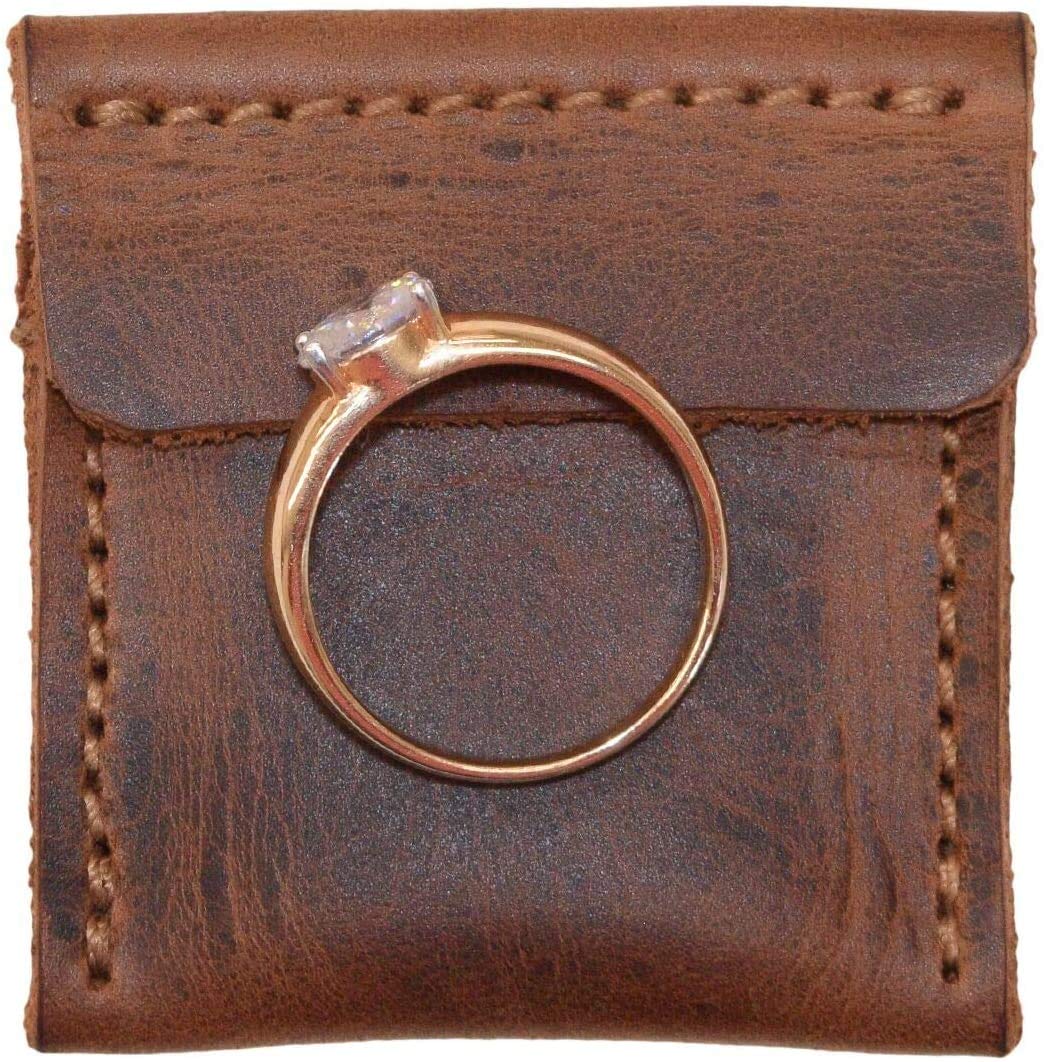 Tuzech Handmade Leather Wedding Ring Case, Engagement Pouch, Bride & Groom Jewelry Storage, Marriage Travel, Ring Bearer, Proposal Ring Holder Brown Color (2.25 Inches)-Tuzech store