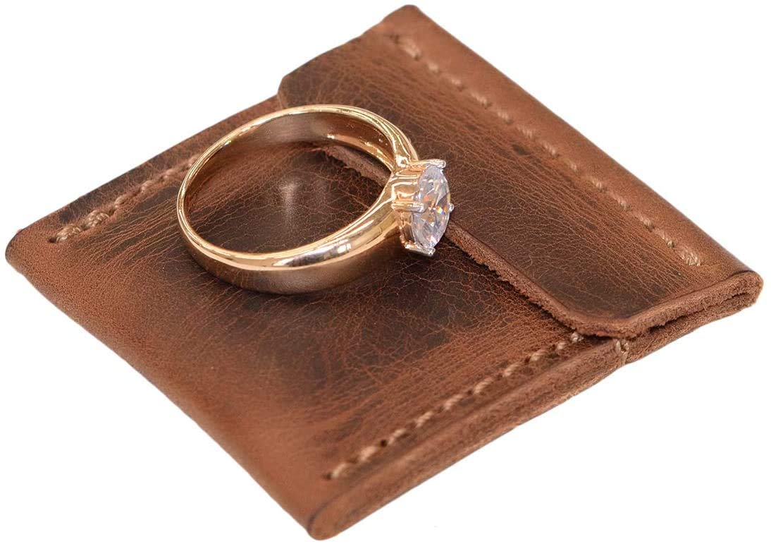 Tuzech Handmade Leather Wedding Ring Case, Engagement Pouch, Bride & Groom Jewelry Storage, Marriage Travel, Ring Bearer, Proposal Ring Holder Brown Color (2.25 Inches)-Tuzech store