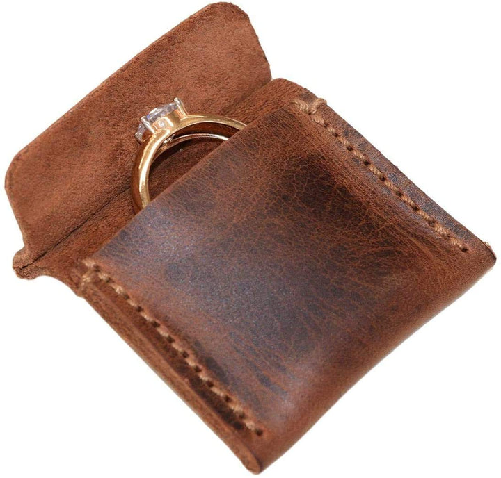Tuzech Handmade Leather Wedding Ring Case, Engagement Pouch, Bride & Groom Jewelry Storage, Marriage Travel, Ring Bearer, Proposal Ring Holder Brown Color (2.25 Inches)-Tuzech store