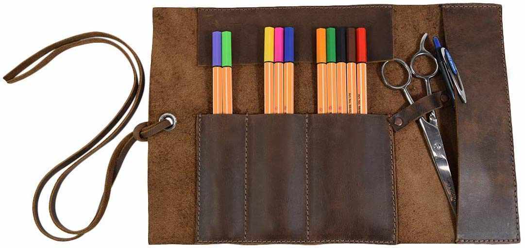Tuzech Leather Pencil Roll Pouch/Multi Purpose Organizer Wrap for Craft/Work/Study Handmade (Brown)-Tuzech store