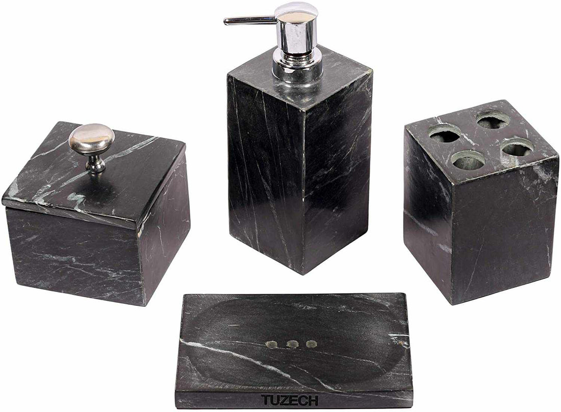 Tuzech Marble Bathroom Accessory Set Made from Natural Stone - Bath Accessories Set of 4 Includes sanitizer Soap Dispenser, Toothbrush Holder, Tumbler and Soap Dish (Grey)-Tuzech store